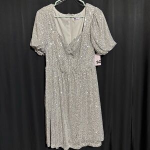 Juniors SO Silver Sequin Dress Puff sleeves elastic waist size XL NWT